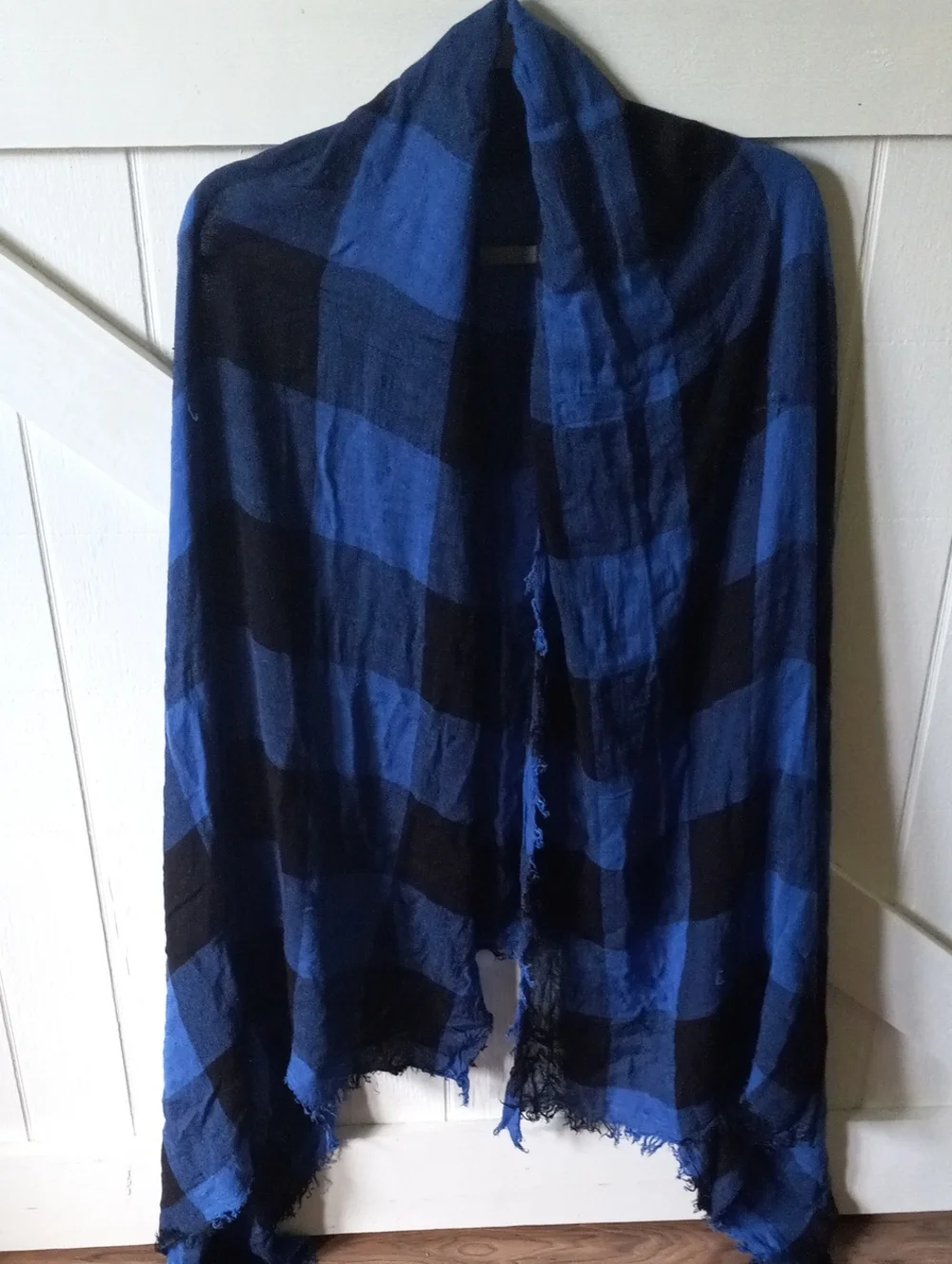Blue and Black Buffalo Plaid Lightweight Blanket Scarf with Frayed Edge OS